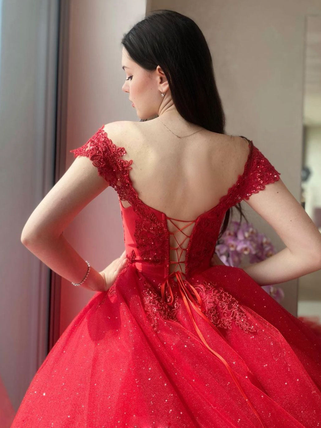 Sweetheart Neck Ball Gown Red Long Prom Dress, Red Lace Formal Graduat toptby Sweetheart Neck Ball Gown Red Long Prom Dress, Red Lace Formal Graduat toptby