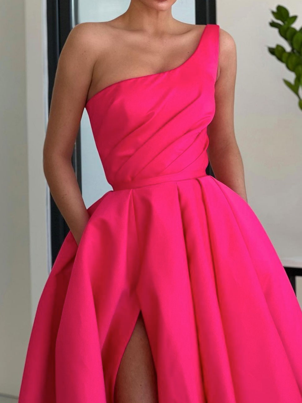 Simple One Shoulder Satin Pink Long Prom Dress, Pink Formal Evening Dress
