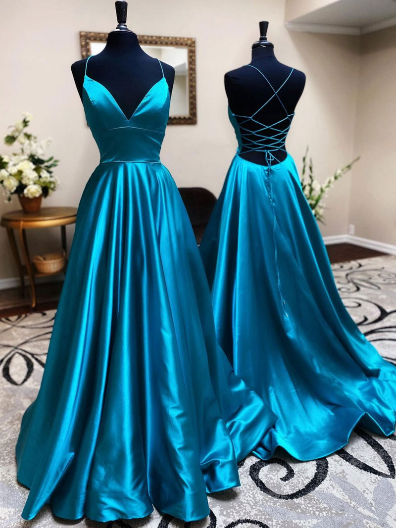 A-Line Blue Satin Long Prom Dress, Blue Formal Evening Dresses