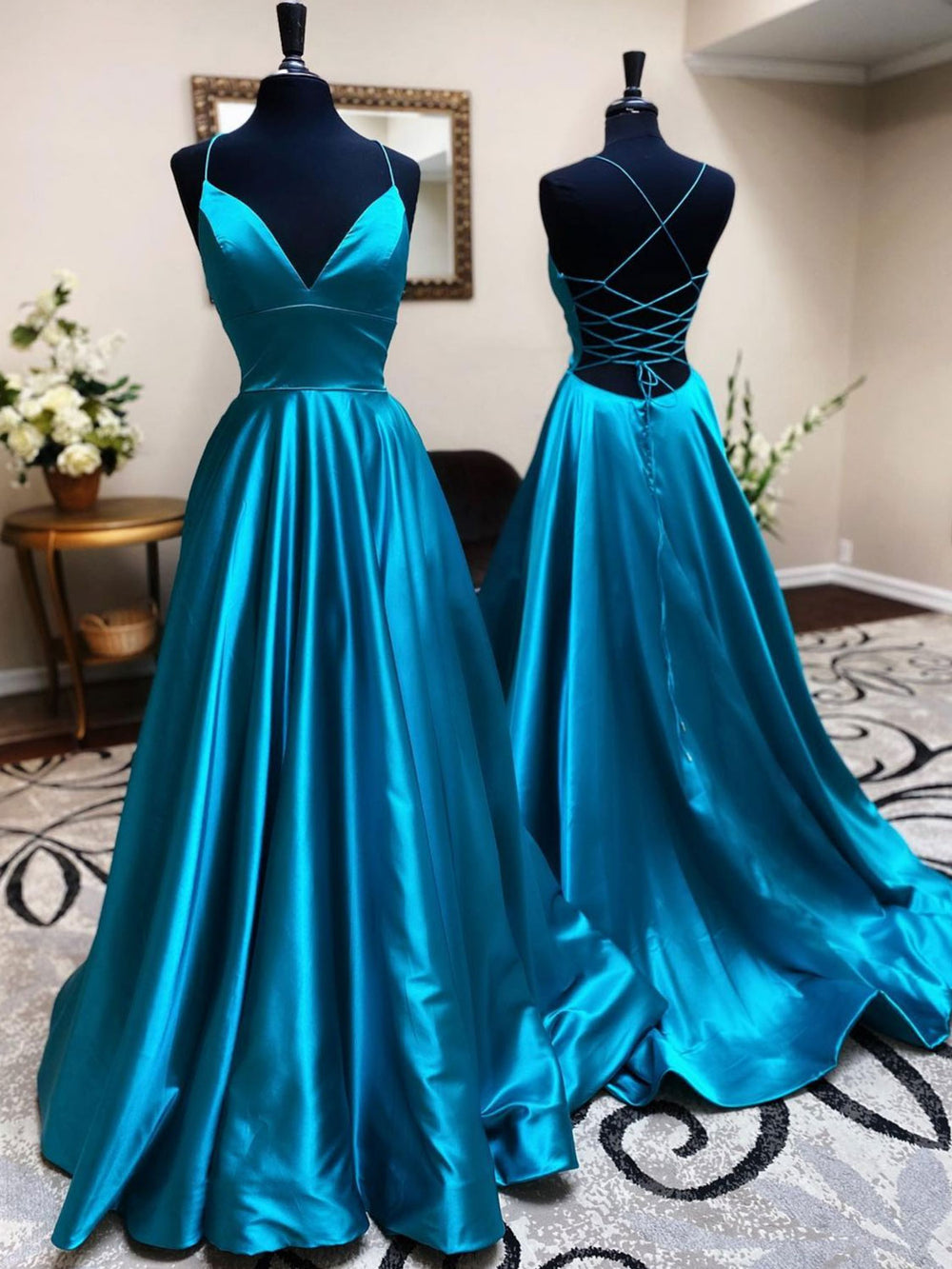 Lovely Blue Floral Printed A-Line Satin Long Formal Party Dress DP3980 main image 1