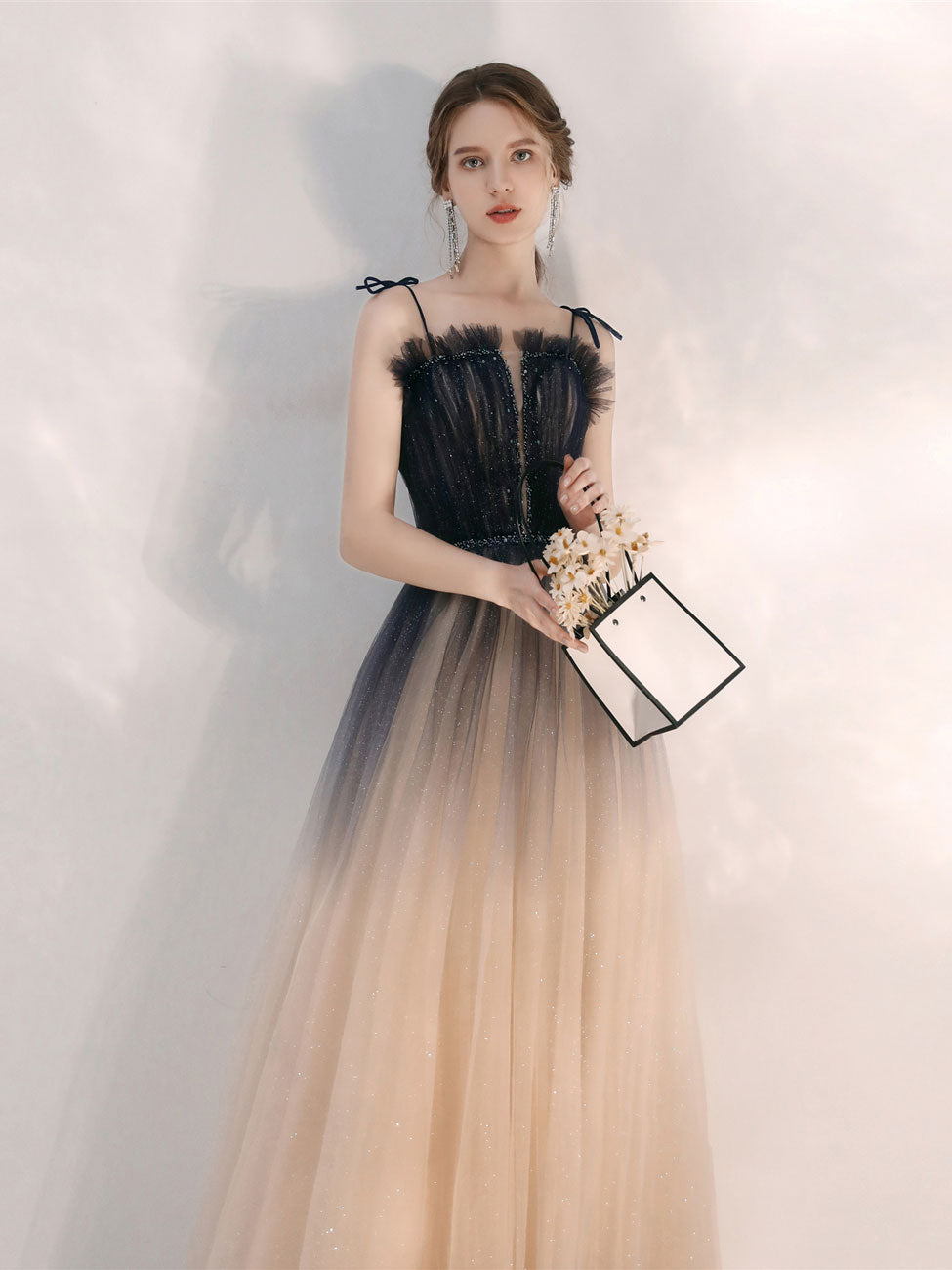 Champagne tulle long prom dress, champagne A line evening dress toptby Champagne tulle long prom dress, champagne A line evening dress toptby