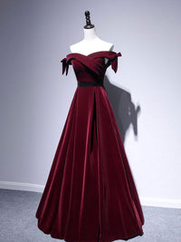 Velvet A line burgundy long prom dress, velvet bridesmaid dress