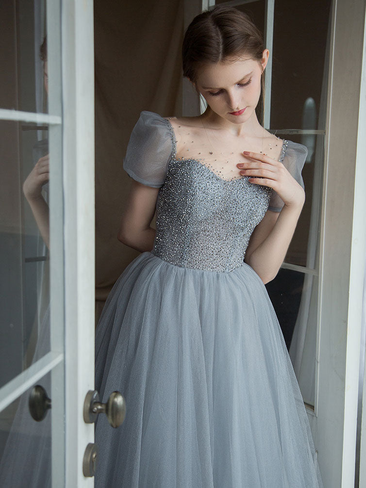 Gray tulle beads long prom dress, gray tulle formal dress