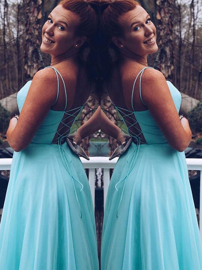 Simple blue chiffon long prom dress, blue tulle evening dress