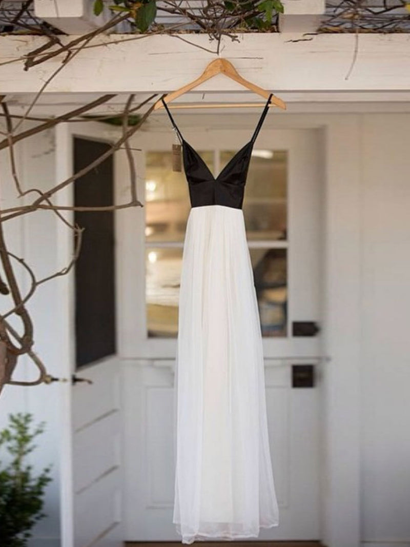 Simple v neck white tulle long prom dress, white evening dress