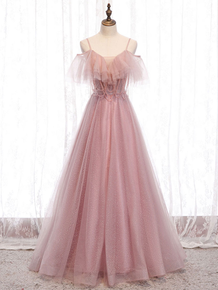 Pink sweetheart tulle sequin long prom dress tulle formal dress
