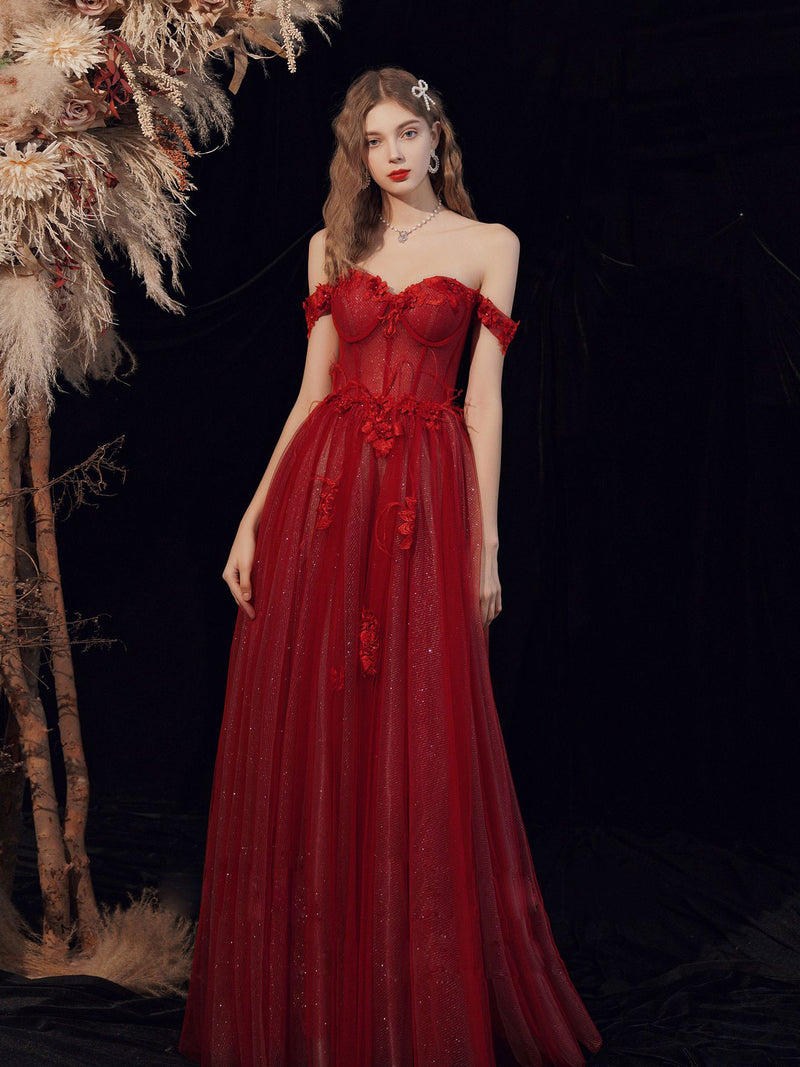 burgundy sweetheart neckline dress Burgundy Jacquard Floral Prom Dresses with Sweetheart Neck, Strapless Quinceanera Dresses BG019 Burgundy / US6