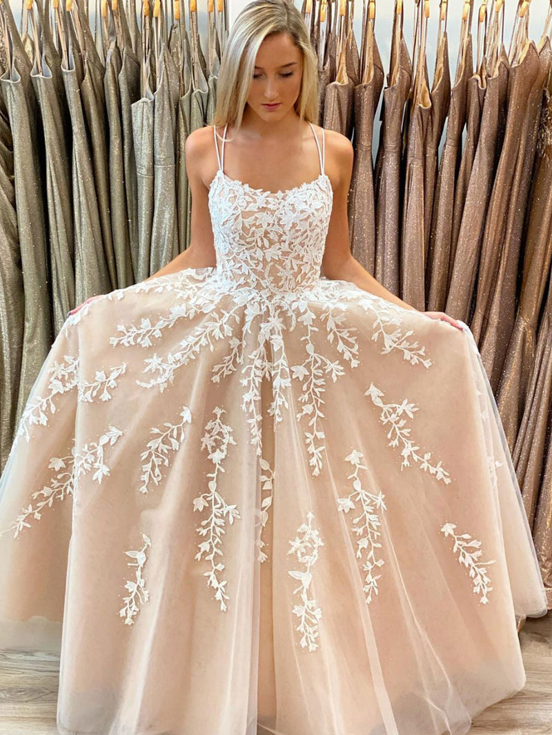 champagne tulle lace long prom dress cream dress prom A Line Open Back Champagne Lace Tulle Long Prom Dress, Champagne Lace morievent