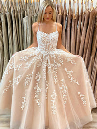 Champagne tulle lace long prom dress lace tulle formal dress