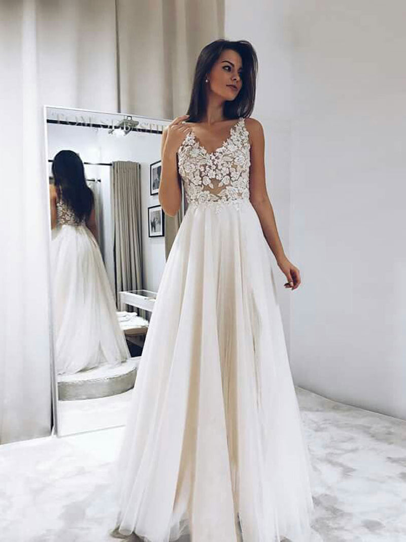 White A line tulle lace long prom dress white long evening dress