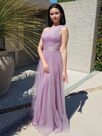 Purple tulle one shoulder long prom dress, purple evening dress