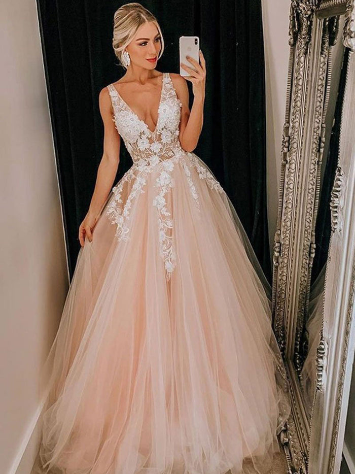 Pink v neck tulle lace long prom dress, pink tulle evening dress