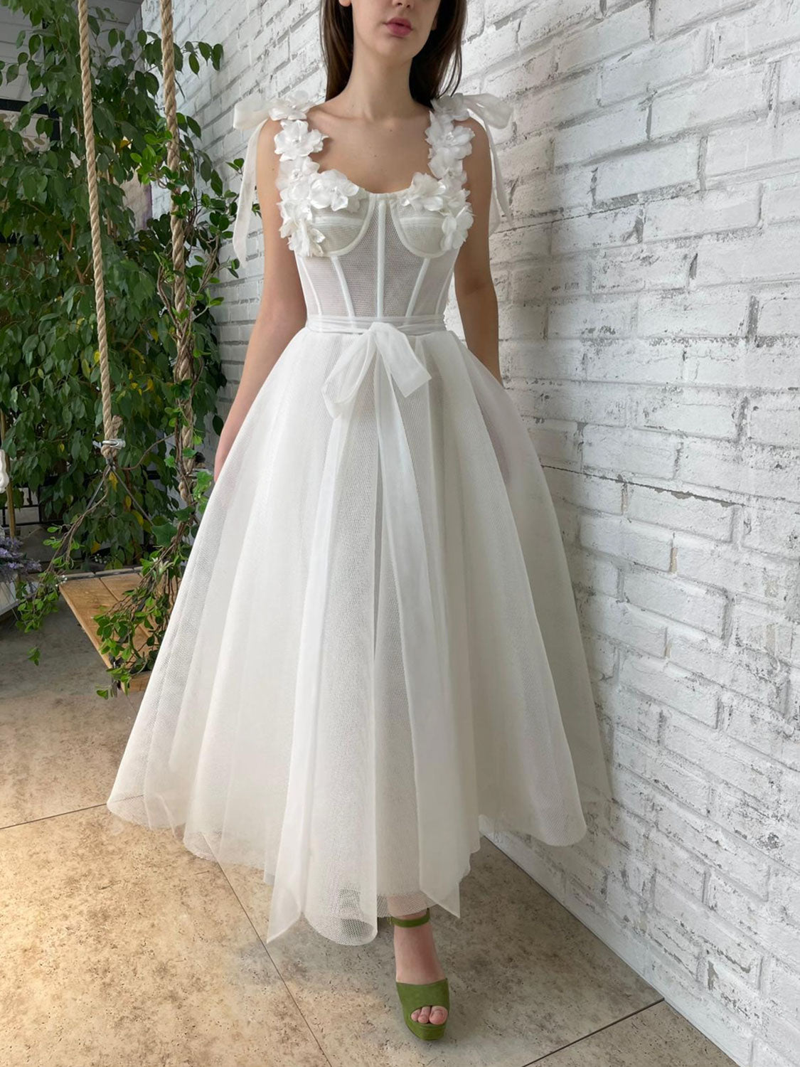 A line sweetheart neck white prom dress tea length formal party dress