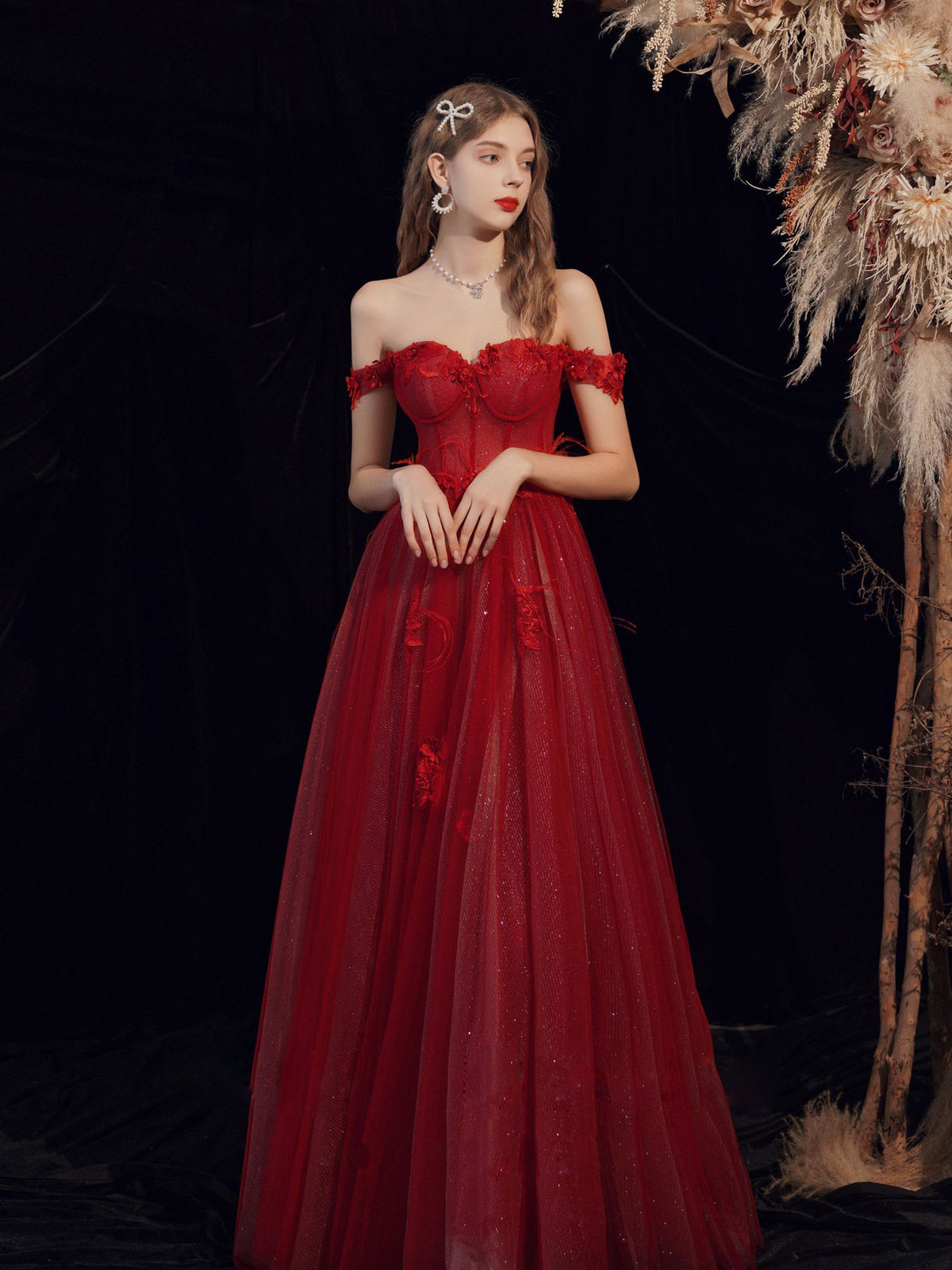 Burgundy sweetheart neck tulle long prom dress, burgundy evening dress toptby Burgundy sweetheart neck tulle long prom dress, burgundy evening dress toptby