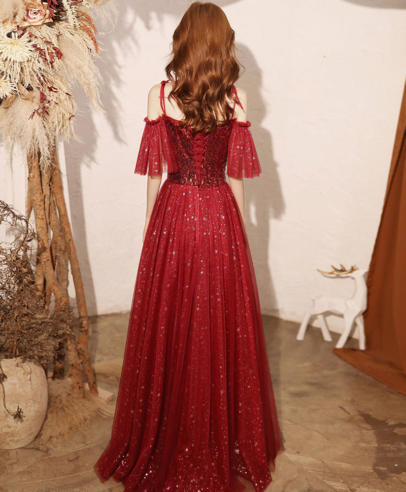 Burgundy tulle sequin long prom dress burgundy formal dress