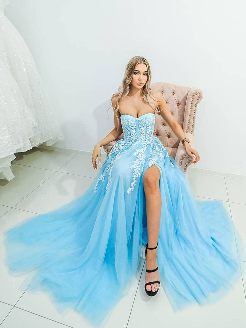 Blue A line tulle lace long prom dress, blue tulle formal dress