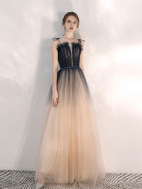 Champagne tulle long prom dress, champagne A line evening dress
