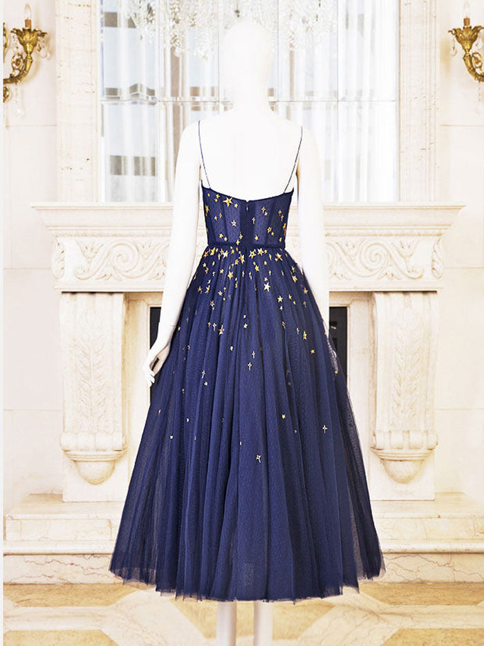 Blue tea length tulle prom dress, blue tulle bridesmaid dress