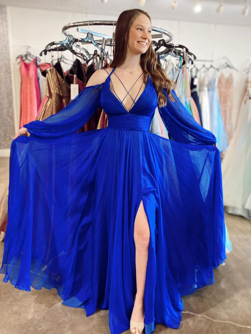 Simple v neck blue tulle long prom dress blue evening dress
