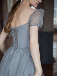 Gray tulle beads long prom dress, gray tulle formal dress