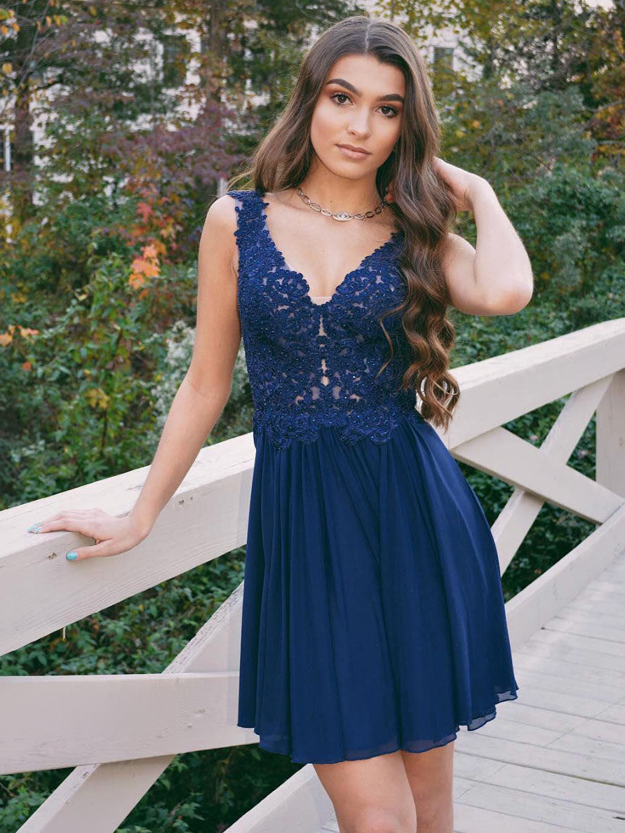 Blue chiffon lace short prom dress, blue homecoming dress