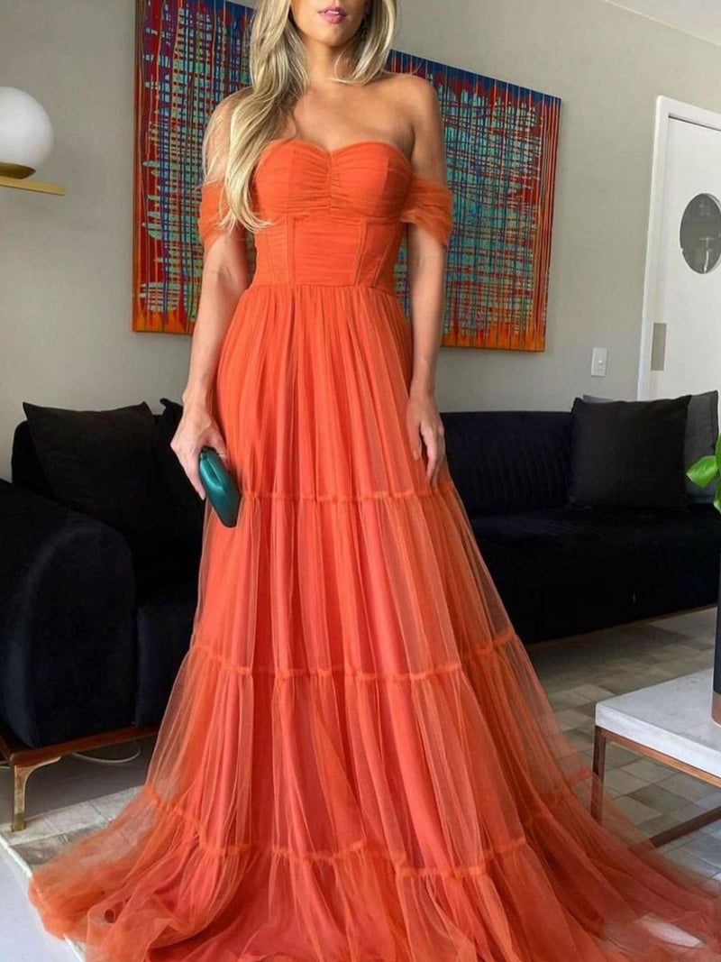 Aline off shoulder orange long prom dress orange long formal dress