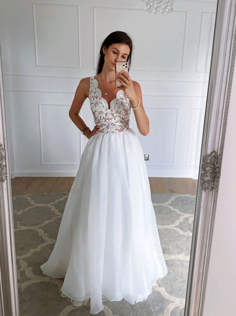 White v neck A line tulle lace long prom dress, white long evening dress