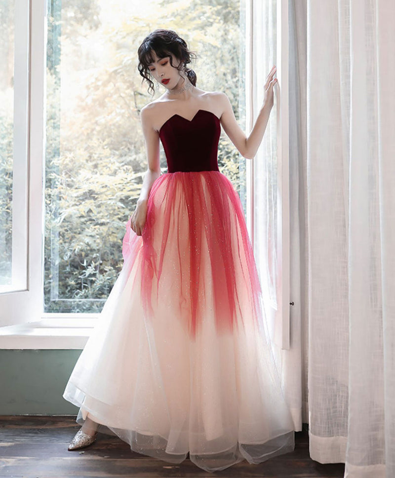 A-Line Burgundy Long Prom Dresses, Burgundy Formal Evening Dress with Velvet