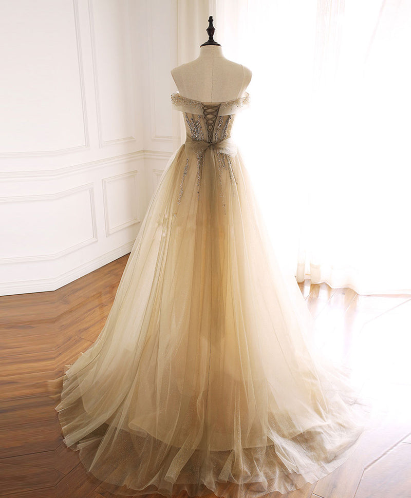 Champagne tulle beads sequin long prom dress formal dress
