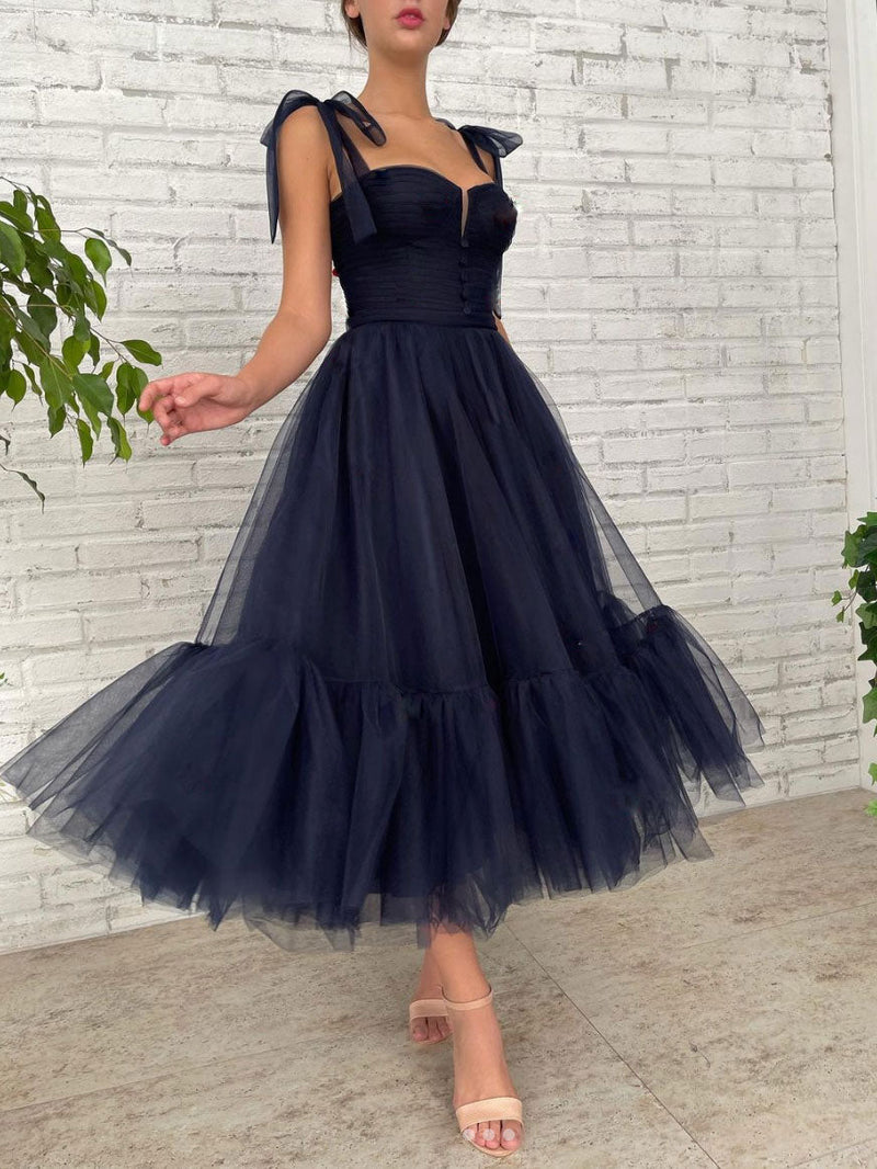Simple dark blue tea length prom dress, blue tulle homecoming dress