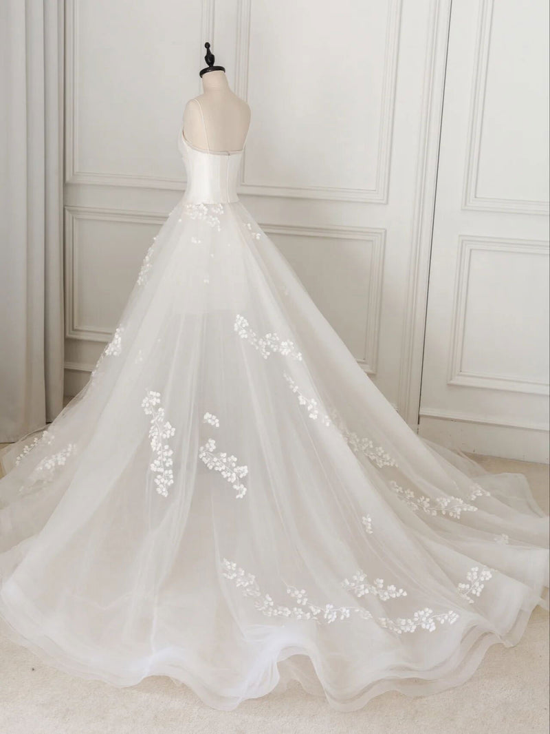 ivory v  neck tulle lace long wedding dress,  ivory tulle wedding gown