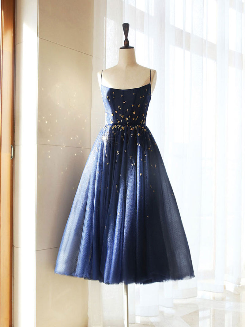 Blue tea length tulle prom dress, blue tulle bridesmaid dress