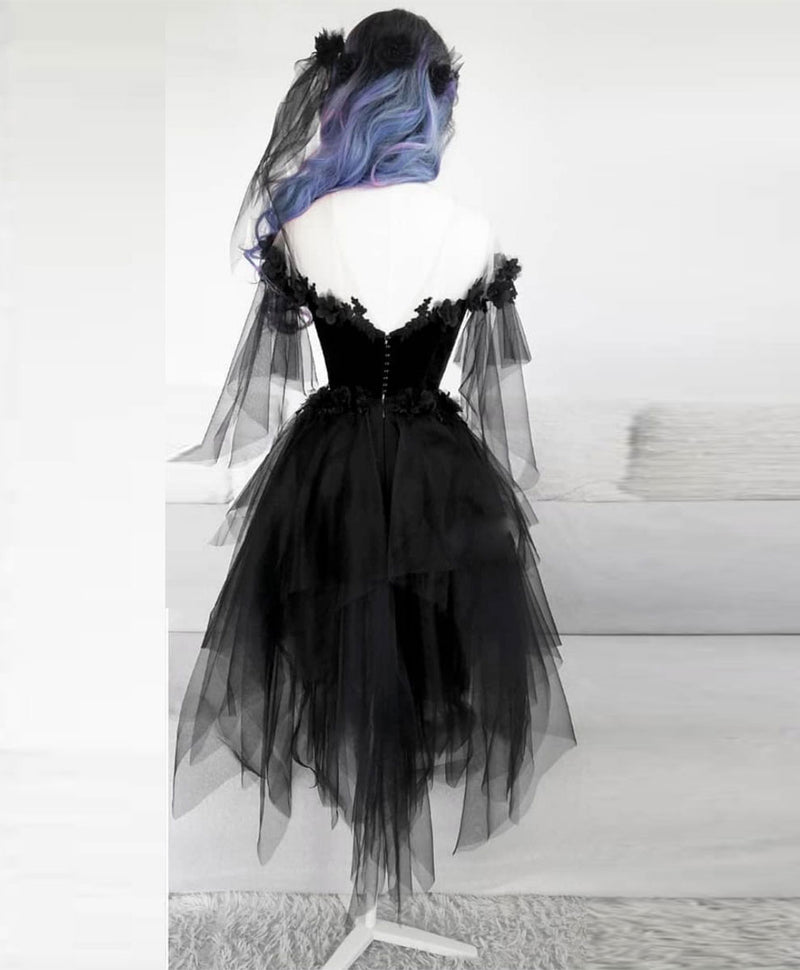 Black tulle lace short prom dress black lace cocktail dress