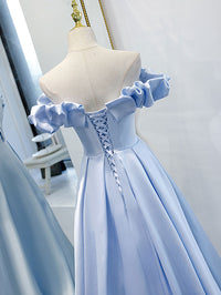 Simple blue off shoulder long prom dress, blue evening dress