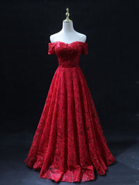 Burgundy sweetheart neck tulle lace long prom dress, lace evening dress