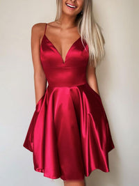 Simple v neck satin burgundy evening dress, short homecoming dress