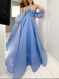 Blue  sweetheart neck Organza long prom dress, blue evening dress