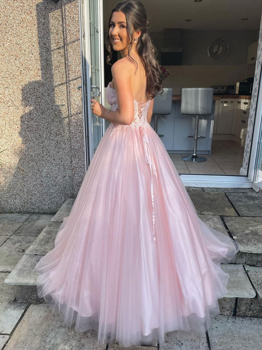 Pink sweetheart tulle lace long prom dress, pink lace eveing dress