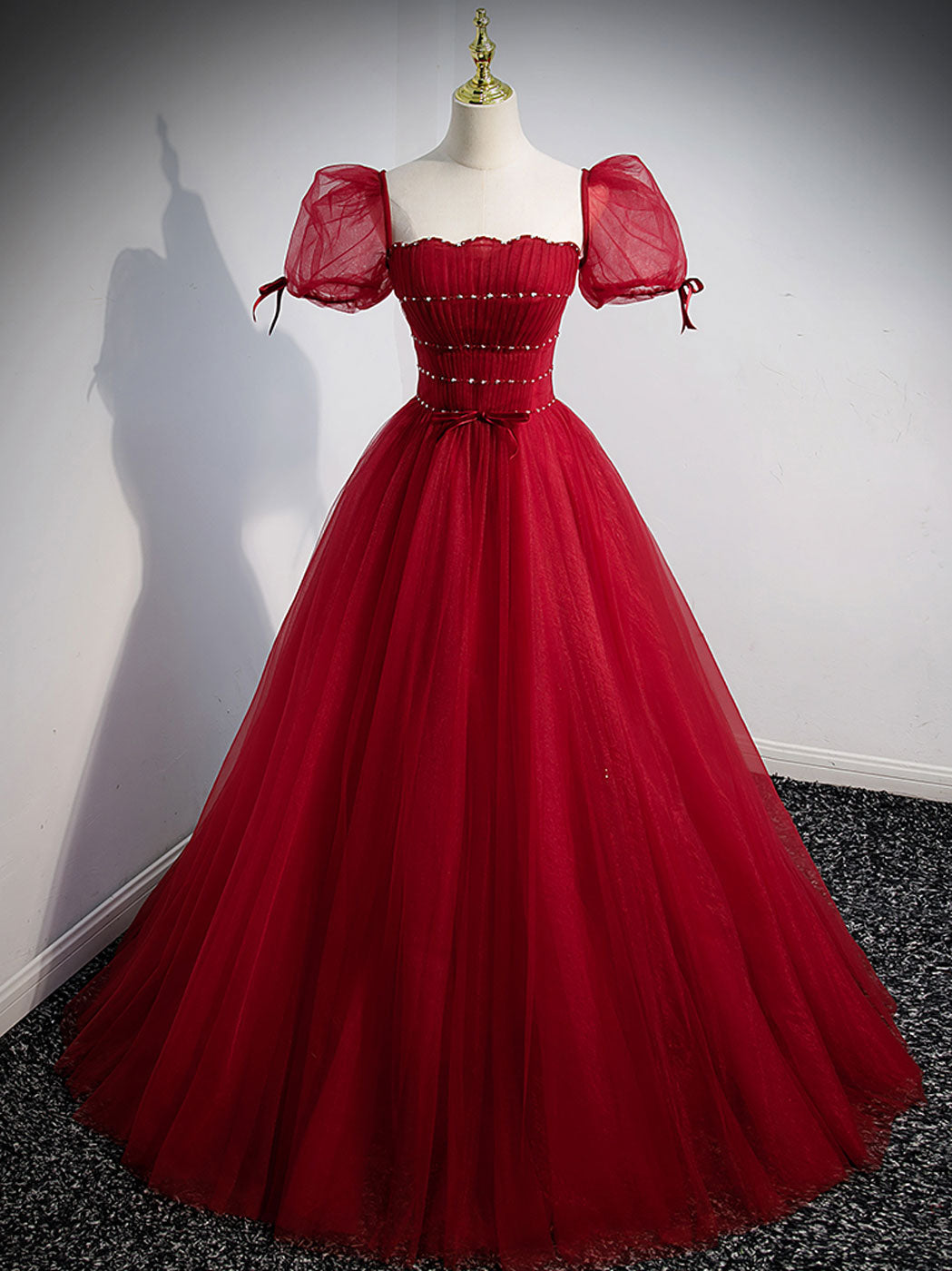 burgundy tulle maxi dress Burgundy Tulle A-line Cross Back Prom Dresses With Thigh Slit, Formal Dress, MP649