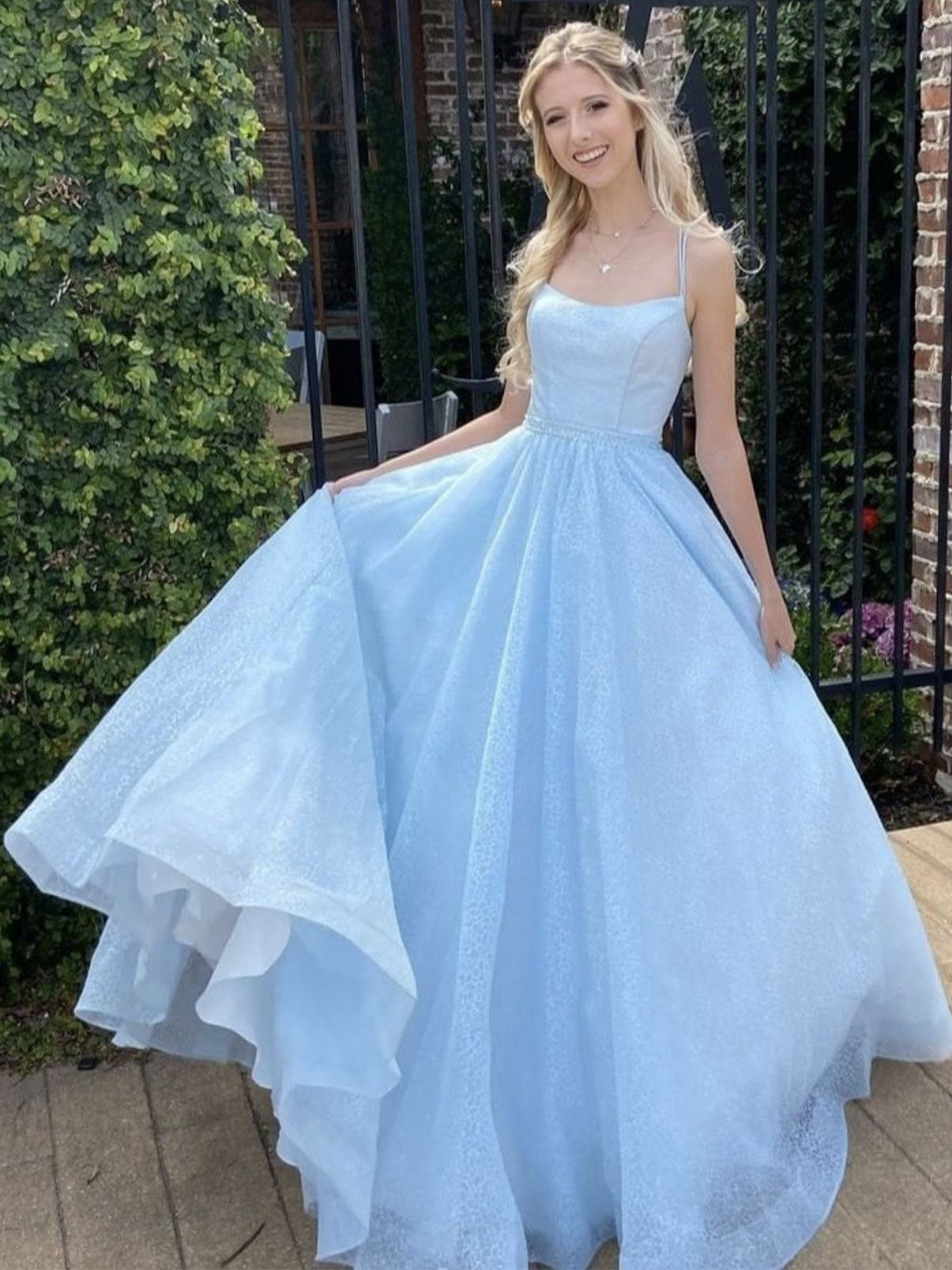 Blue A line tulle sequin long prom dress, blue tulle formal dress –