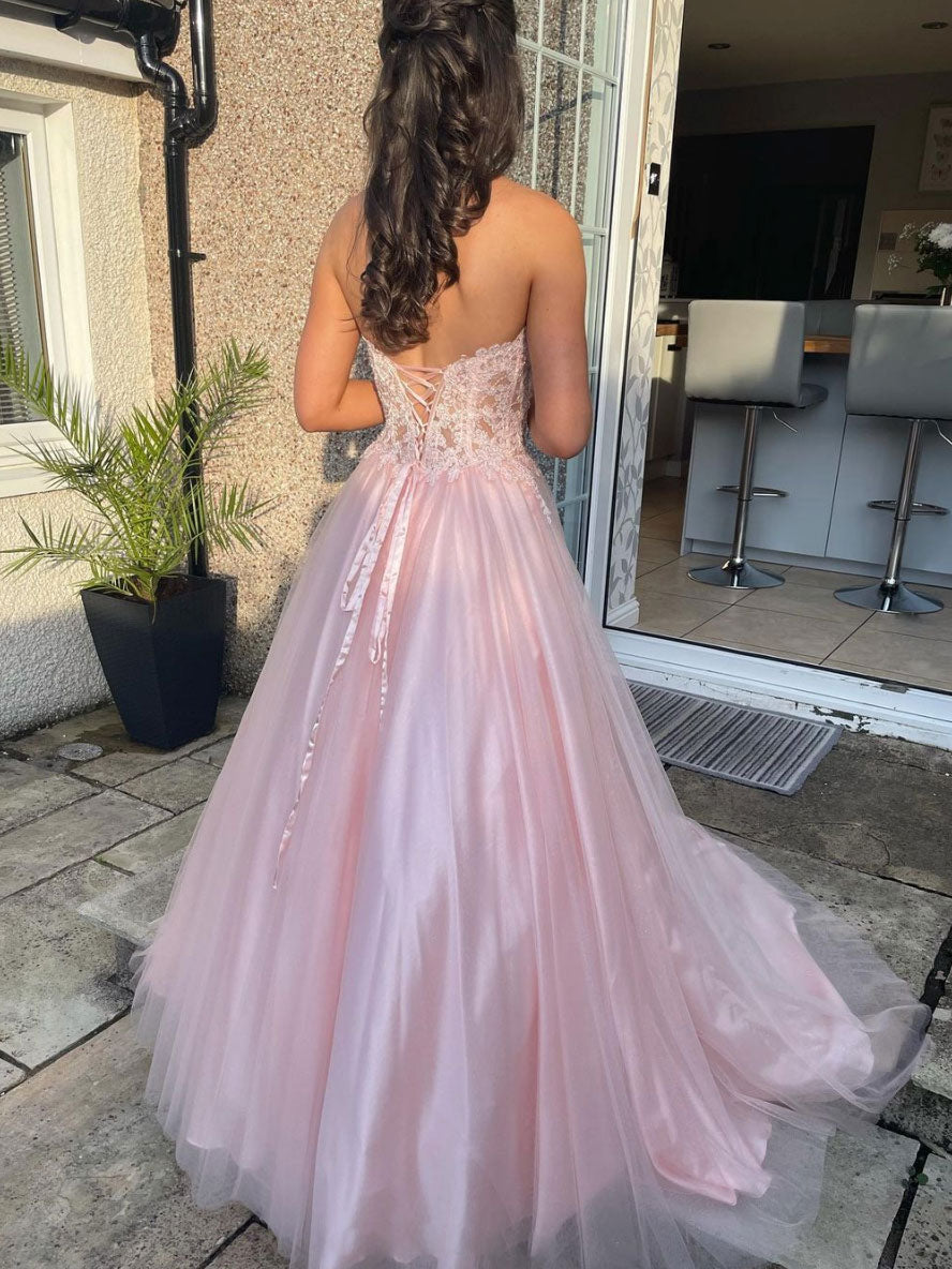 Pink sweetheart tulle lace long prom dress, pink lace eveing dress