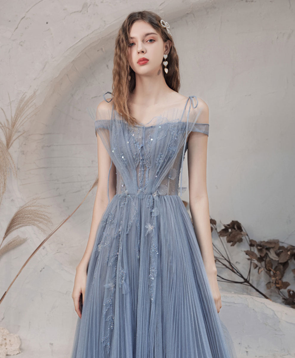 Blue tulle lace off shoulder long prom dress tulle formal dress