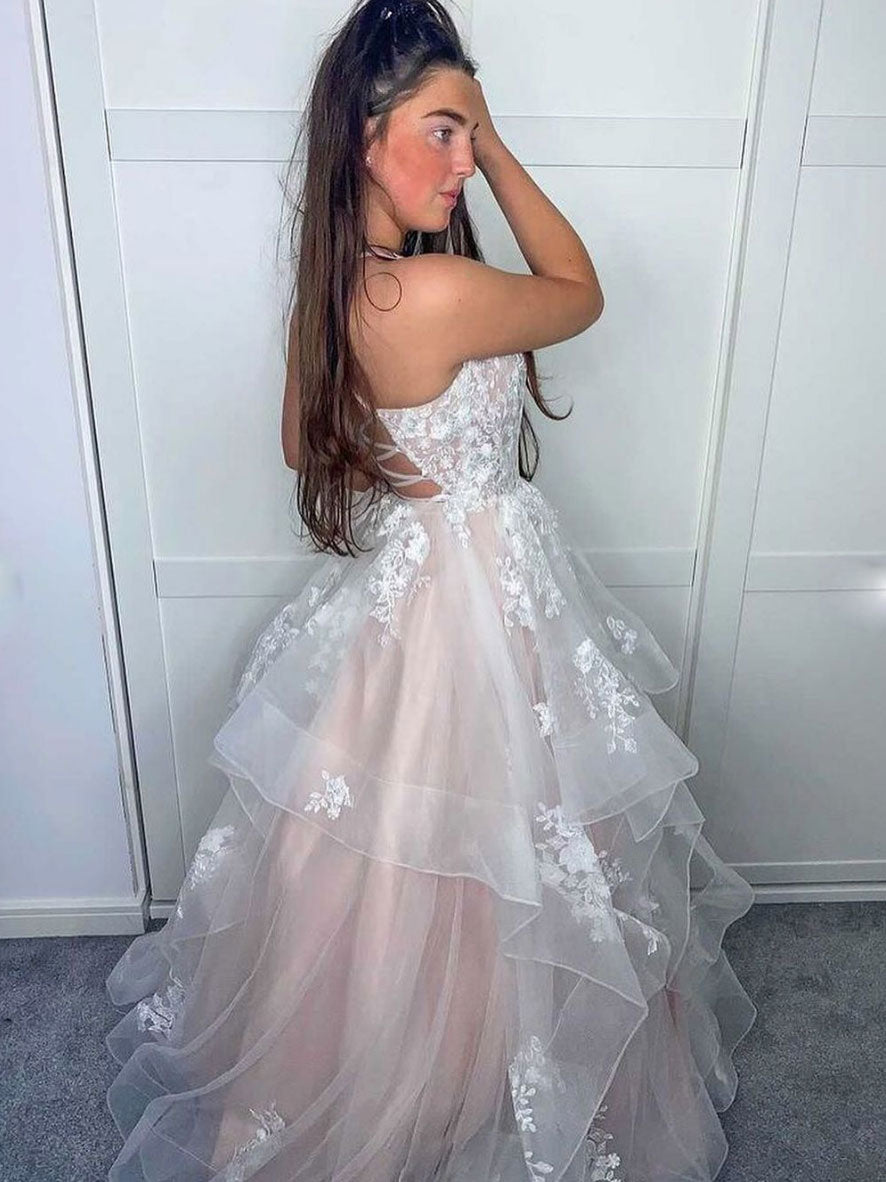 Light champagne tulle lace long prom dress lace evening dress