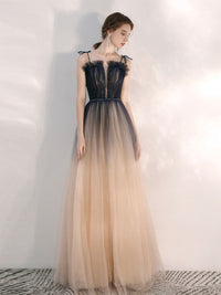 Champagne tulle long prom dress, champagne A line evening dress