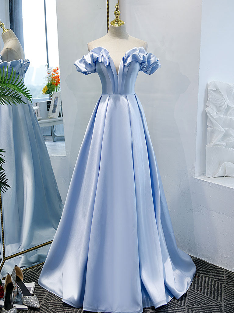 Simple blue off shoulder long prom dress, blue evening dress