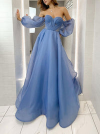 Blue  sweetheart neck Organza long prom dress, blue evening dress
