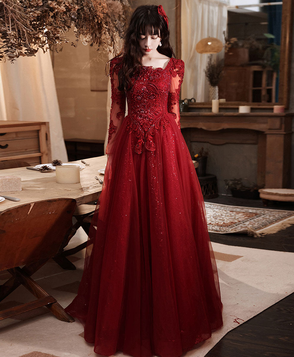 Burgundy tulle lace long prom dress, burgundy bridesmaid dress