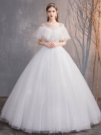 White round neck tulle long wedding dress, tulle wedding gown