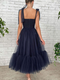 Simple dark blue tea length prom dress, blue tulle homecoming dress