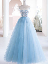 Blue tulle beads long prom dress, blue tulle long evening dress
